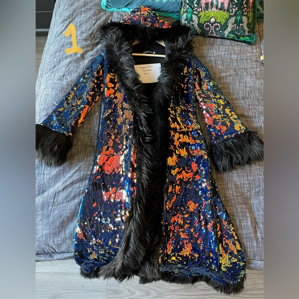 Tamo Design Deluxe Baroness Coat in Deep Sea Sequins + Black Faux Fur Trim